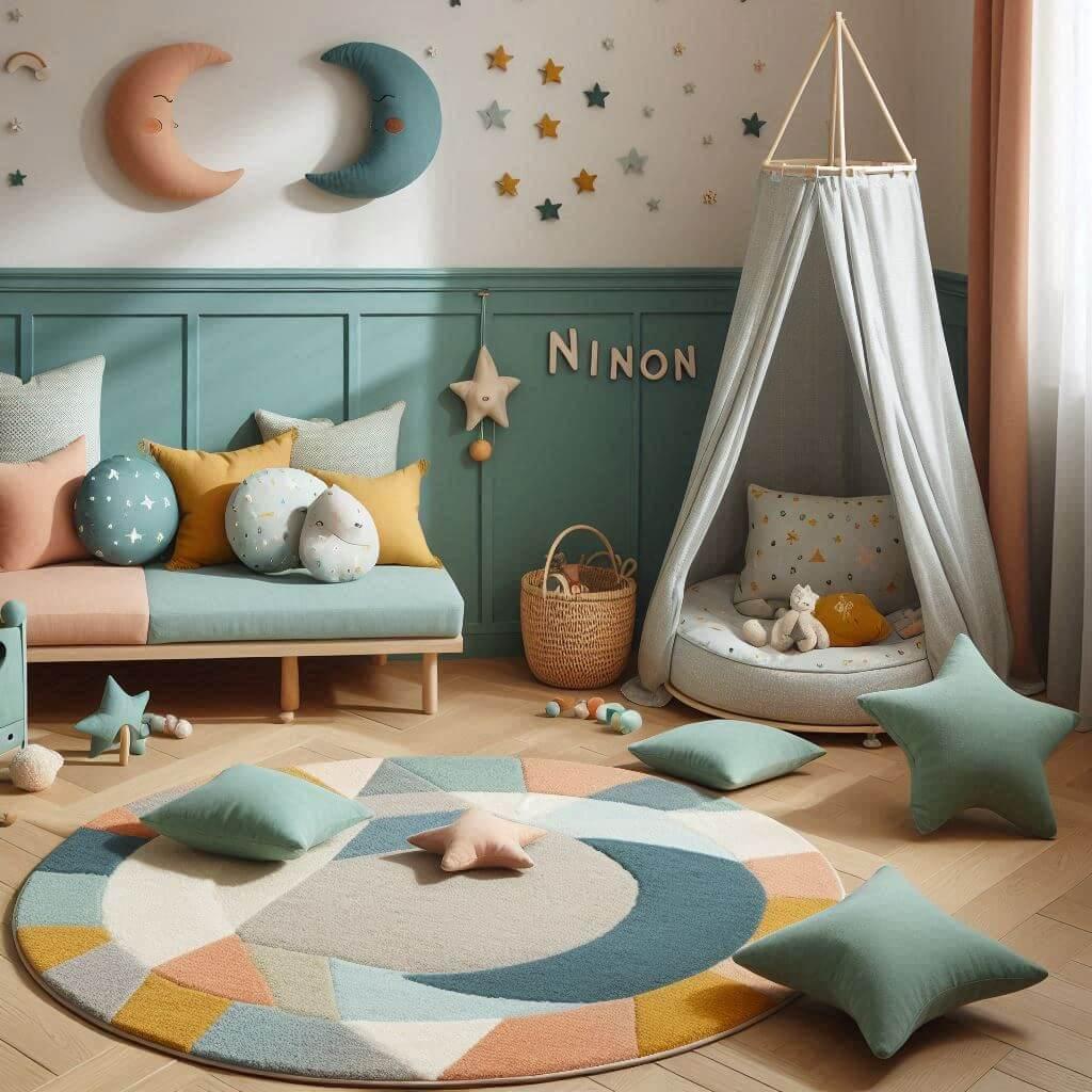 Une chambre d enfant avec un coin jeu des coussins en forme de lune et d etoiles un tapis moelleux avec des teintes douces comme le vert d eau le bleu pale et le moutarde et le pre