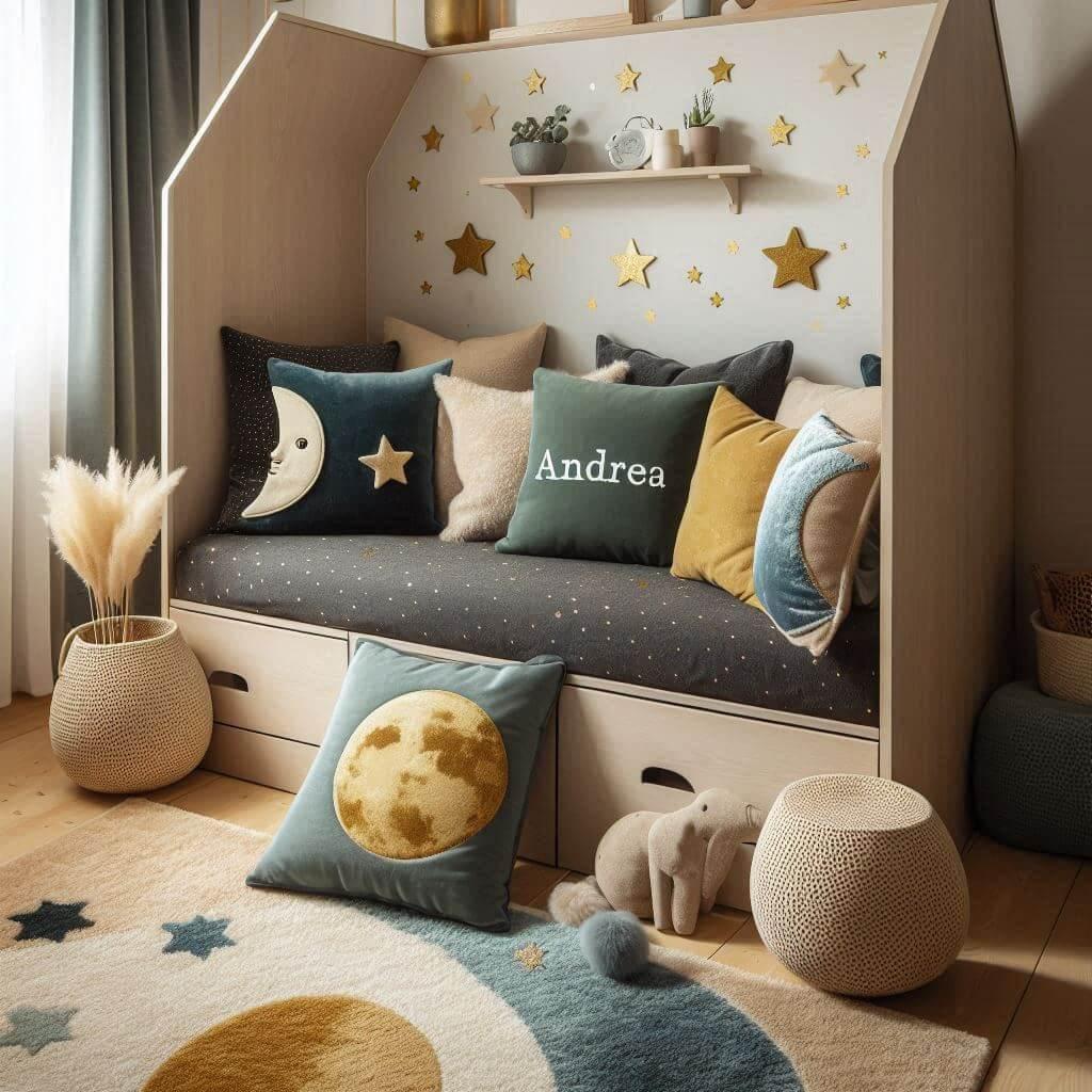 Une chambre d enfant avec un lit cabane des coussins en forme de lune et d etoiles un tapis moelleux avec des teintes douces comme le vert fonce le bleu et le moutarde et le prenom