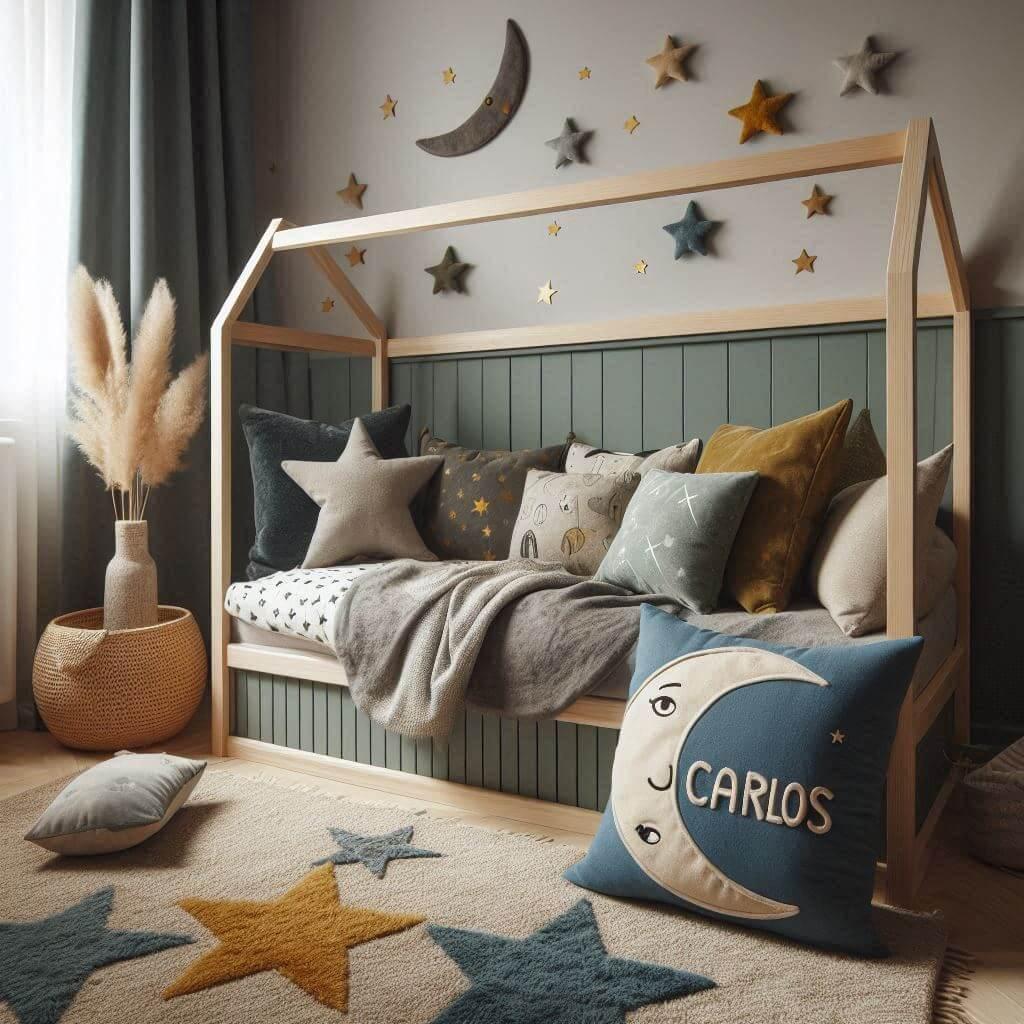 Une chambre d enfant avec un lit cabane des coussins en forme de lune et d etoiles un tapis moelleux avec des teintes douces comme le vert fonce le bleu et le moutarde et le prenom