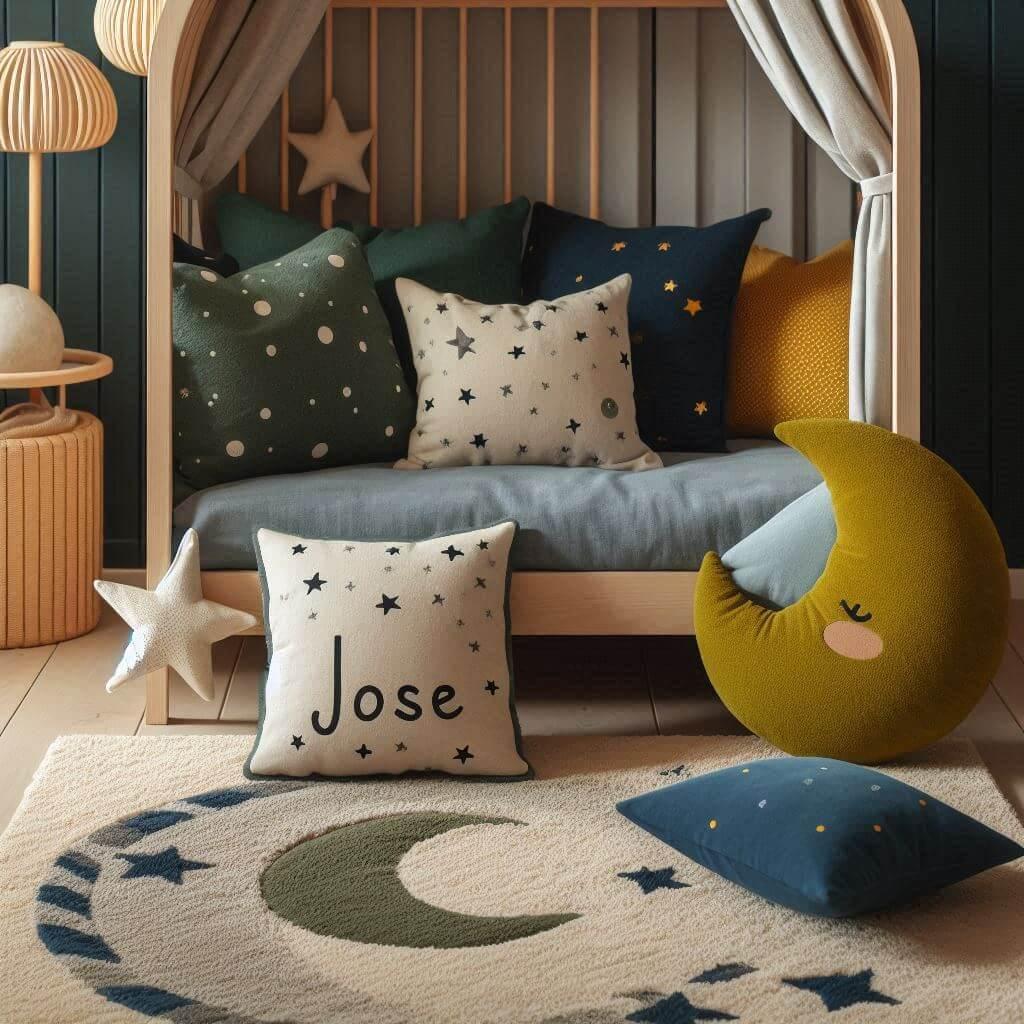 Une chambre d enfant avec un lit cabane des coussins en forme de lune et d etoiles un tapis moelleux avec des teintes douces comme le vert fonce le bleu et le moutarde et le prenom