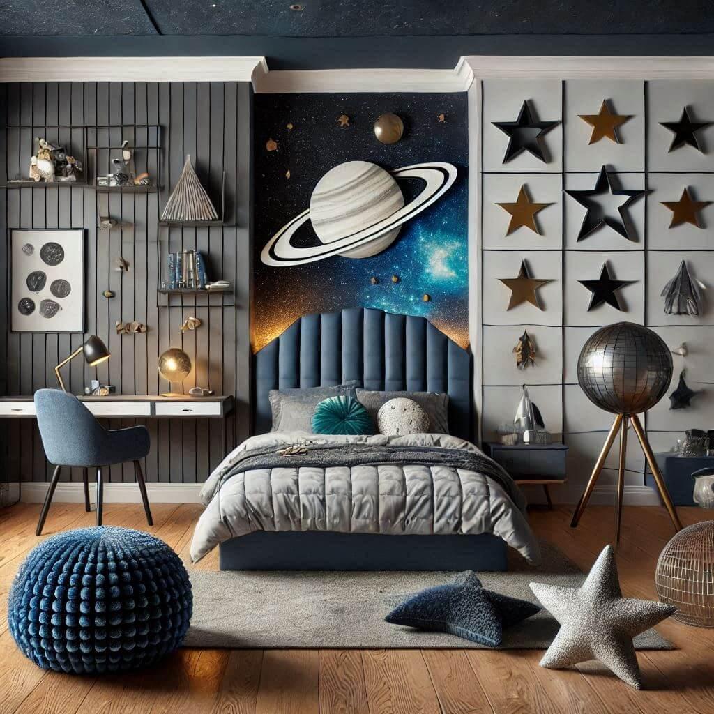 Une chambre d'enfant avec un univers intergalactique un lit moderne avec une tête de lit spatiale des étagères stylisées un pouf planète des éléments futuristes