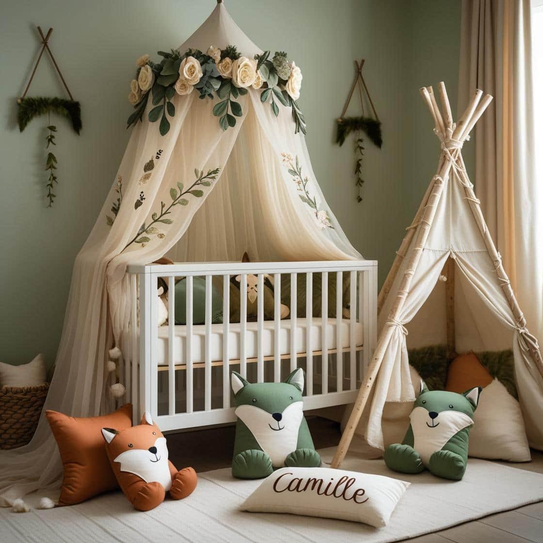 Une chambre de bebe doux et naturel berceau ciel de lit inspire par la foret avec des coussins en forme de petits animaux de la foret comme des renards et loups et des fleurs perso