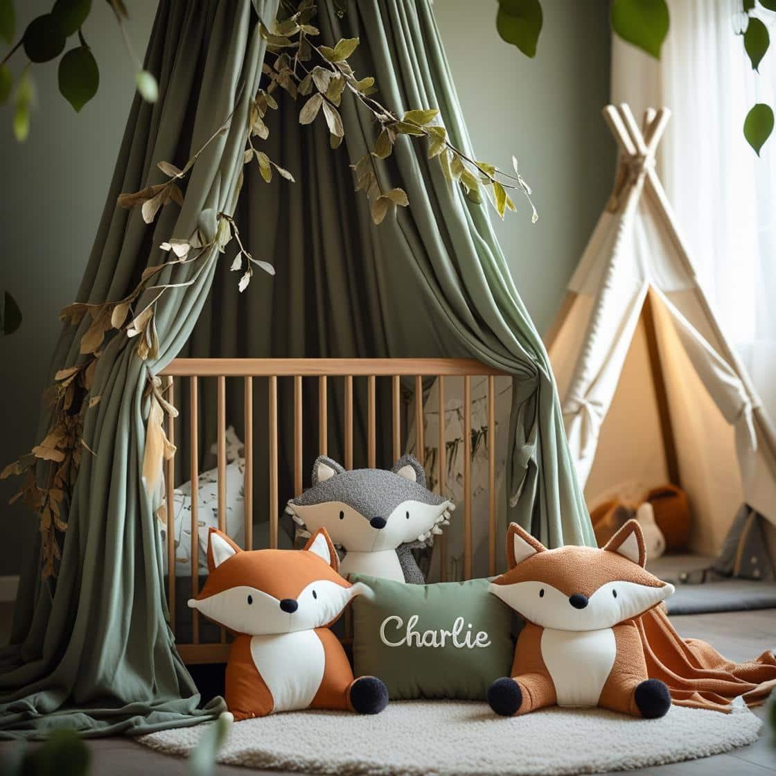 Une chambre de bebe doux et naturel berceau ciel de lit inspire par la foret avec des coussins en forme de petits animaux de la foret comme des renards et loups personnalise avec l