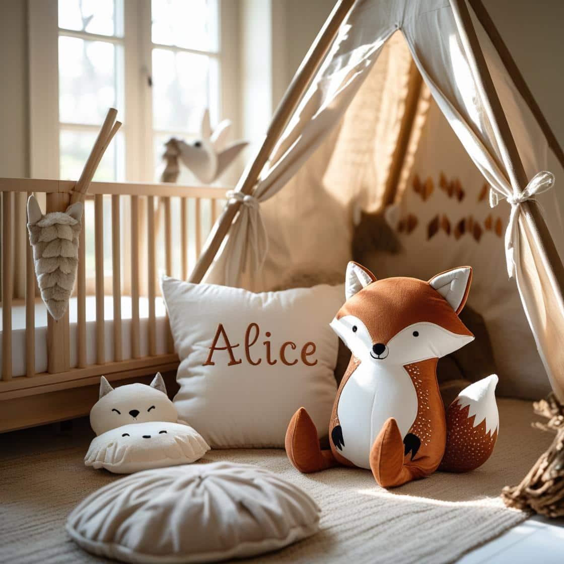 Une chambre de bebe doux et naturel inspire par la foret avec des coussins en forme de petits animaux de la foret comme des renards et loups personnalise avec le nom alice berceau