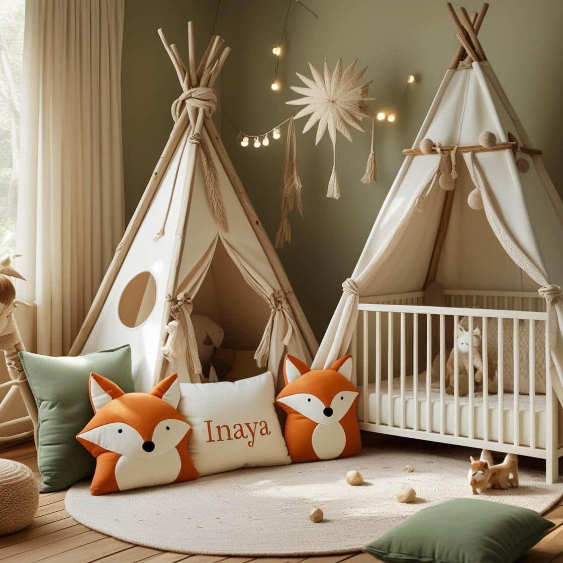 Une chambre de bebe doux et naturel inspire par la foret avec des coussins en forme de petits animaux de la foret comme des renards et loups personnalise avec le nom inaya berceau