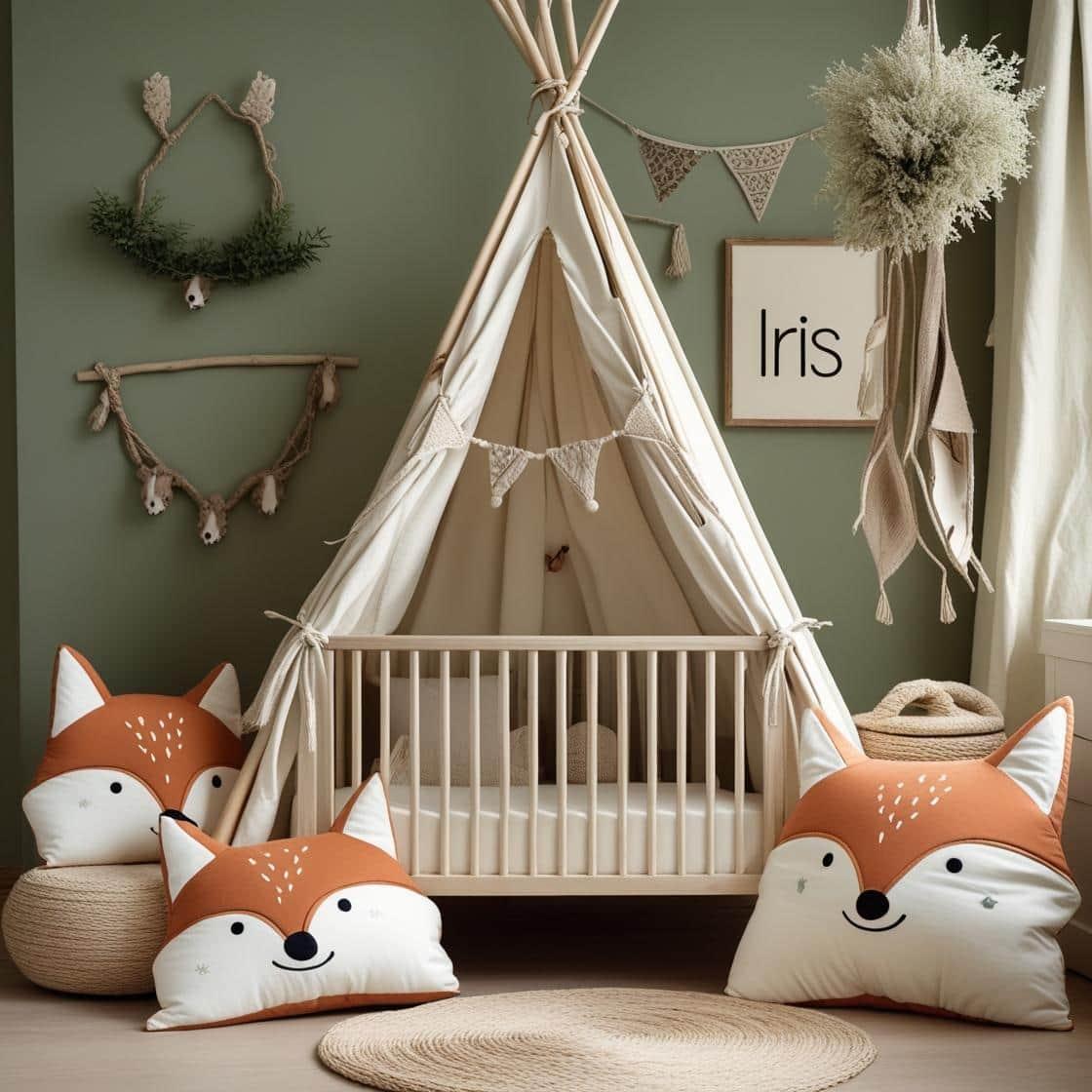 Une chambre de bebe doux et naturel inspire par la foret avec des coussins en forme de petits animaux de la foret comme des renards et loups personnalise avec le nom iris berceau t