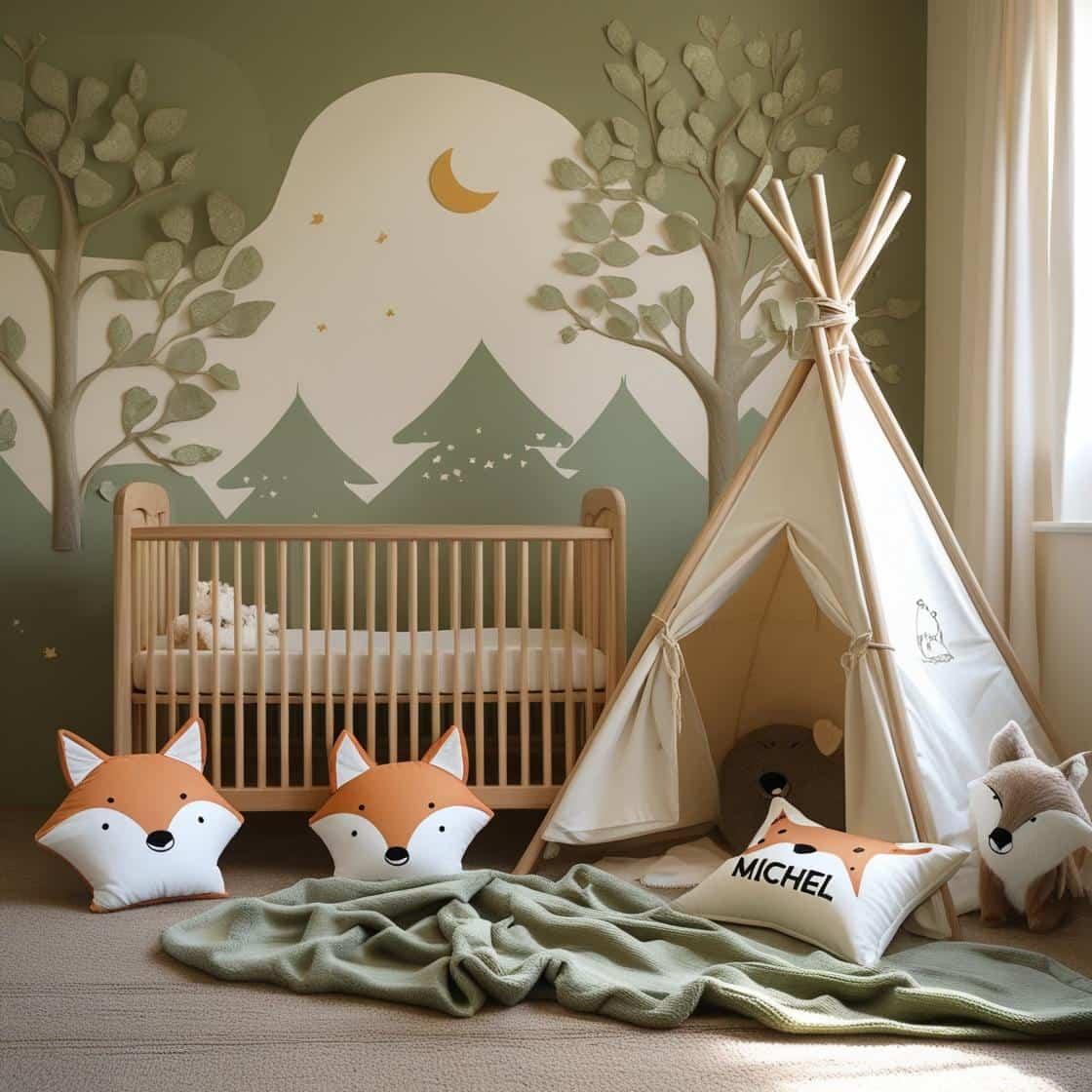 Une chambre de bebe doux et naturel inspire par la foret avec des coussins en forme de petits animaux de la foret comme des renards et loups personnalise avec le nom michel berceau