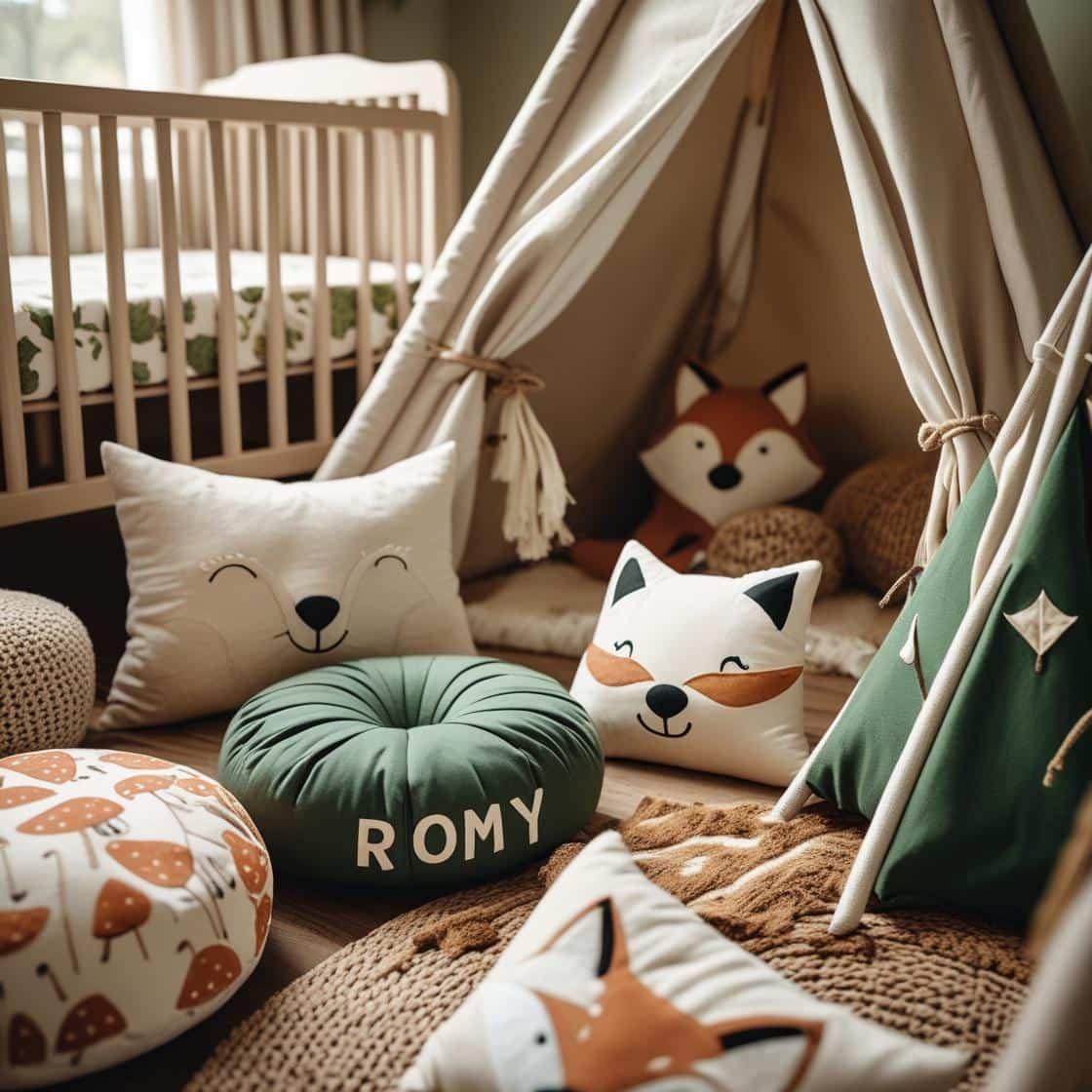 Une chambre de bebe doux et naturel inspire par la foret avec des coussins en forme de petits animaux de la foret comme des renards et loups personnalise avec le nom romy berceau t