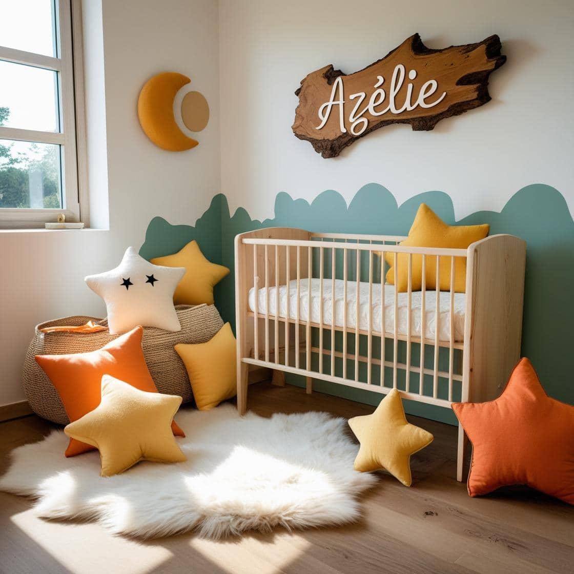 Une chambre de bebe fille qui se nomme azelie avec un berceau un tapis de fourrure style scandinave coussins en forme detoiles coussins en forme de lune le prenom azelie est ecrit