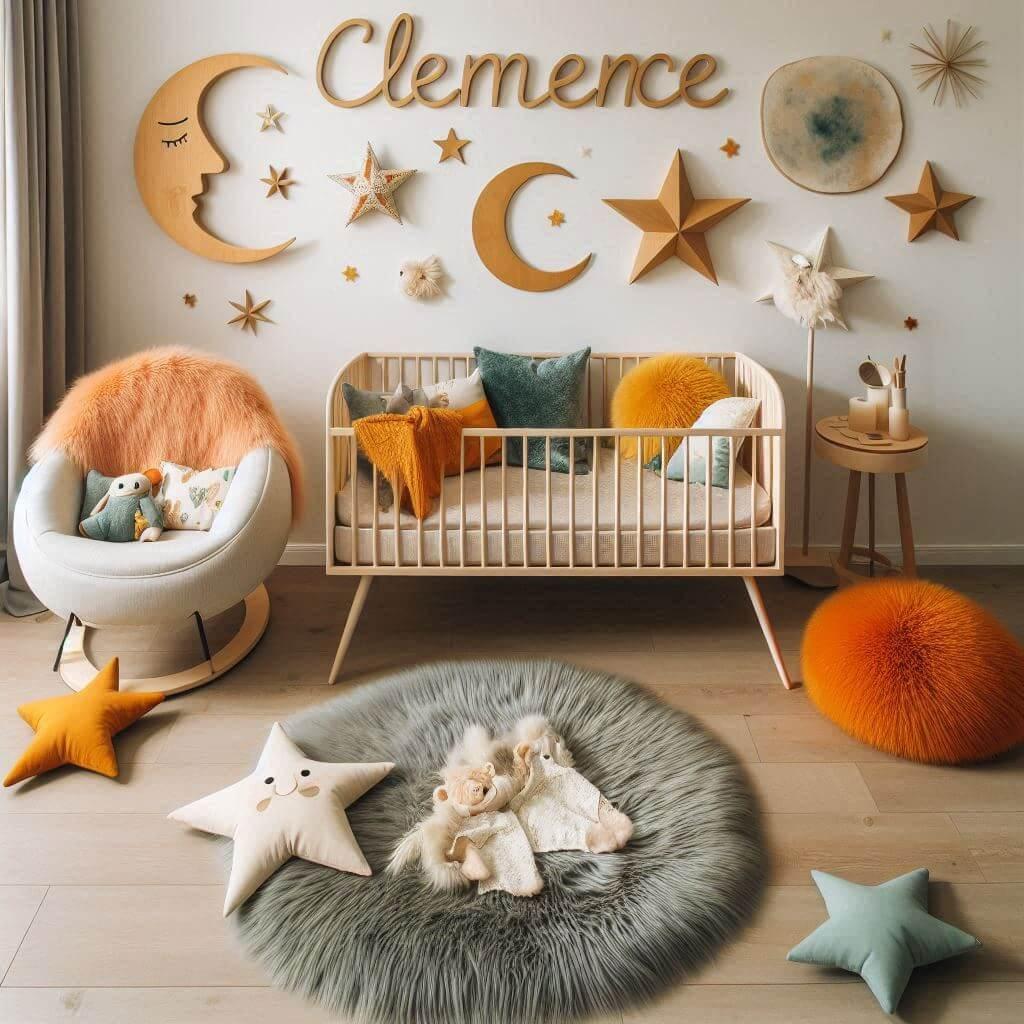 Une chambre de bebe fille qui se nomme clemence avec un berceau un tapis de fourrure style scandinave coussins en forme d etoiles coussins en forme de lune le prenom clemence est e