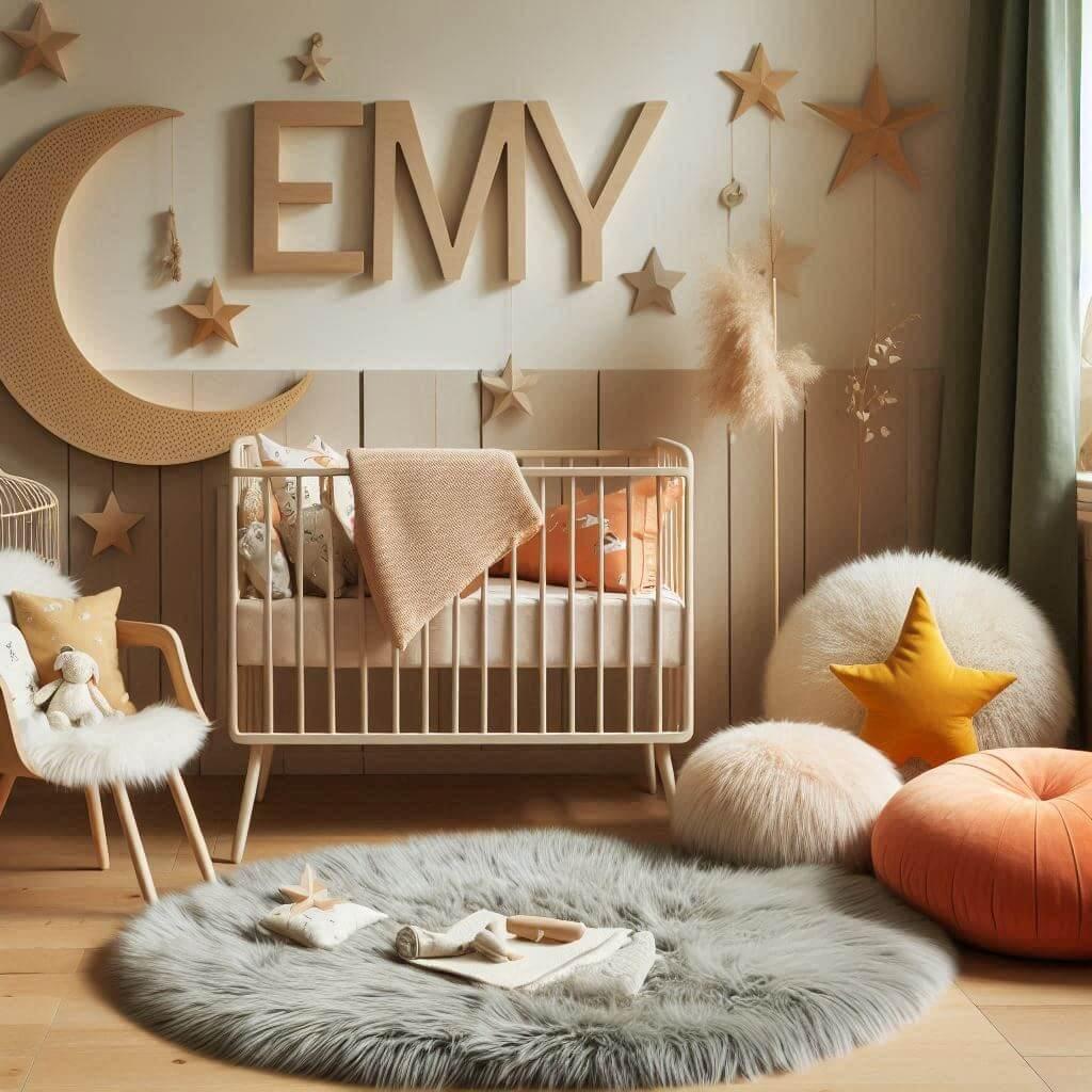 Une chambre de bebe fille qui se nomme emy avec un berceau un tapis de fourrure style scandinave coussins en forme detoiles coussins en forme de lune le prenom emy est ecrit en boi
