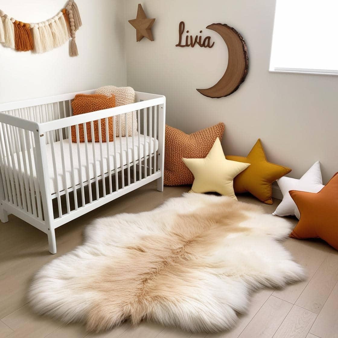 Une chambre de bebe fille qui se nomme livia avec un berceau un tapis de fourrure style scandinave coussins en forme detoiles coussins en forme de lune le prenom livia est ecrit en