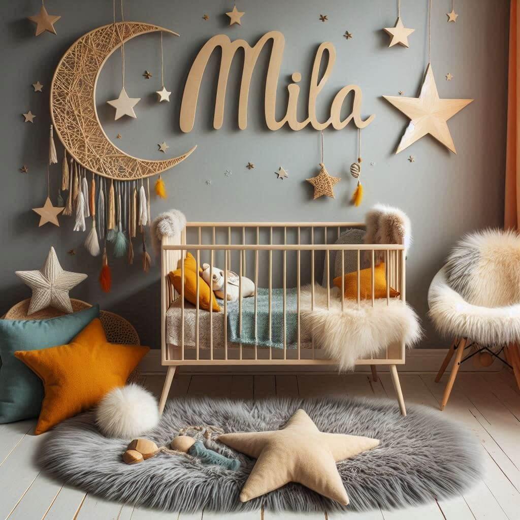 Une chambre de bebe fille qui se nomme mila avec un berceau un tapis de fourrure style scandinave coussins en forme d etoiles coussins en forme de lune le prenom mila est ecrit en