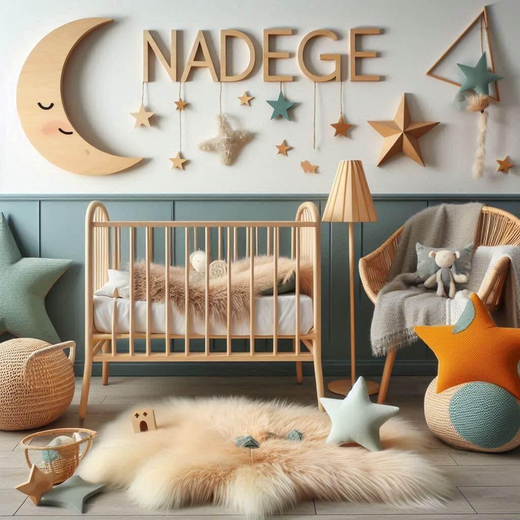Une chambre de bebe fille qui se nomme nadege ecrit en francais avec un berceau un tapis de fourrure style scandinave coussins en forme d etoiles coussins en forme de lune le preno