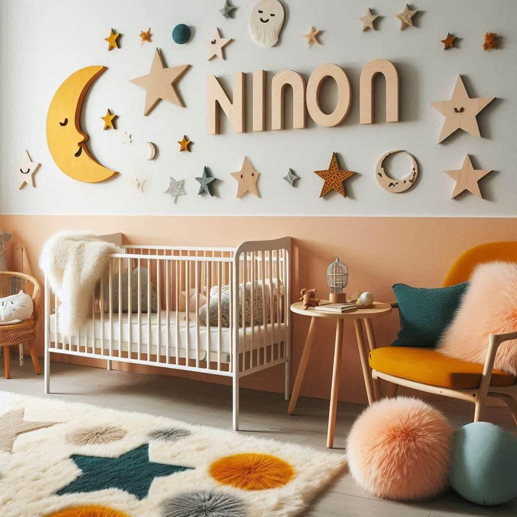 Une chambre de bebe fille qui se nomme ninon avec un berceau un tapis de fourrure style scandinave coussins en forme d etoiles coussins en forme de lune le prenom ninon est ecrit e