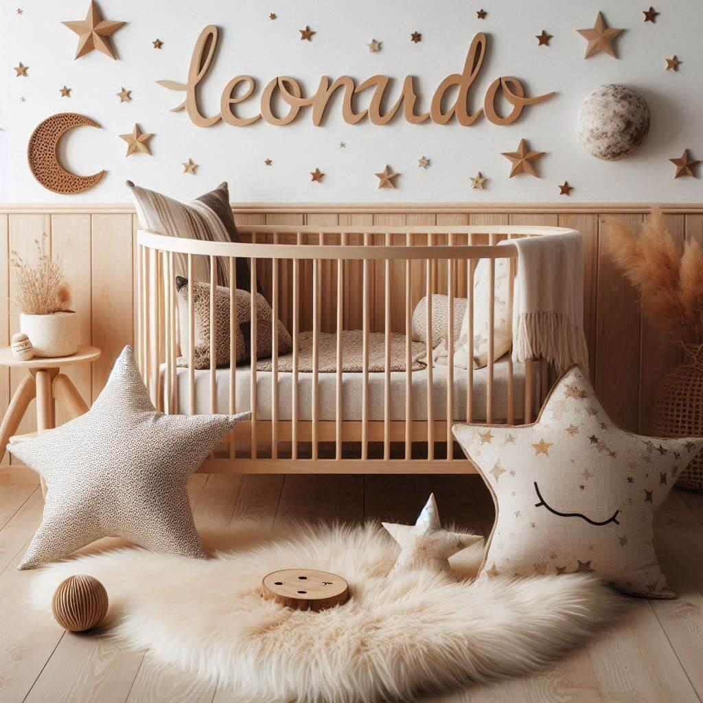 Chambre de bébé garçon Leonardo avec berceau, tapis en fourrure et coussins décoratifs style scandinave