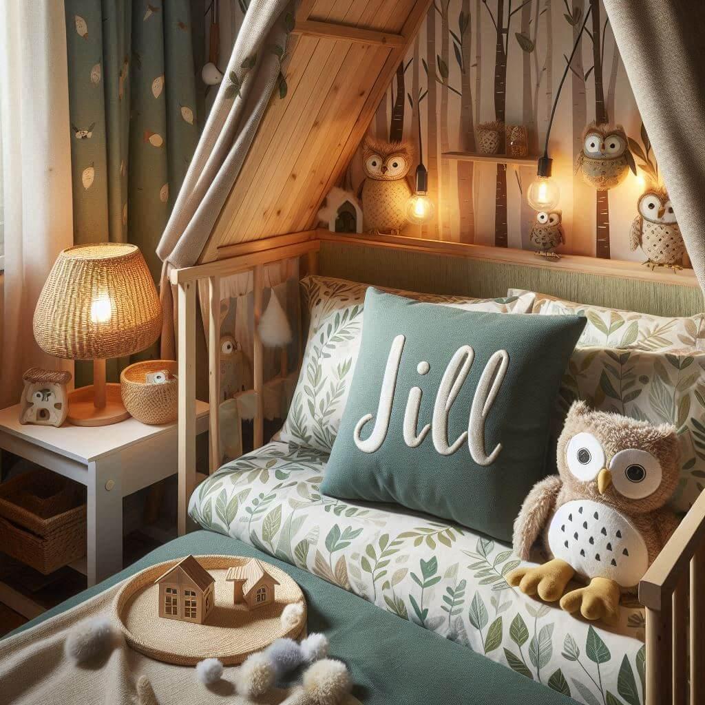 Une chambre de enfant avec le prenom jill brode sur le coussin avec un lit cabane sur le theme de la foret les draps et les rideaux sont des motifs de feuilles de hibou lampe en ro