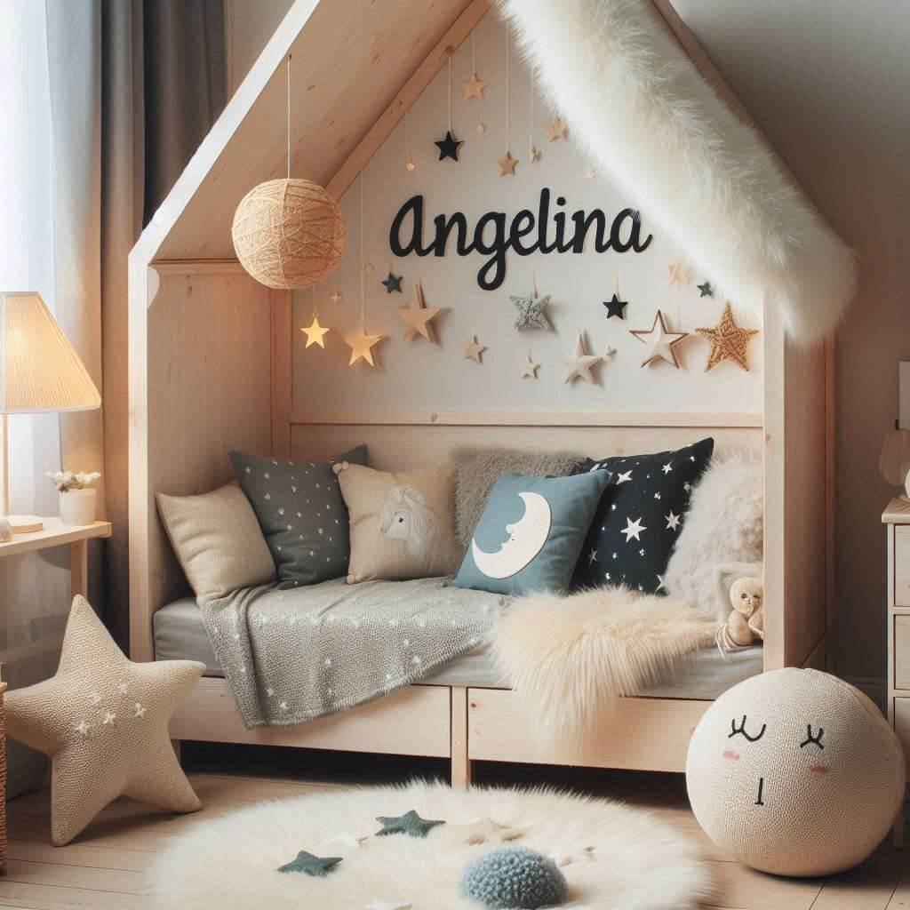 Une chambre de petit fille qui se nomme angelina avec un lit cabane un tapis de fourure style scandinave coussins en forme detoiles coussins en forme de lune le prenom angelina est