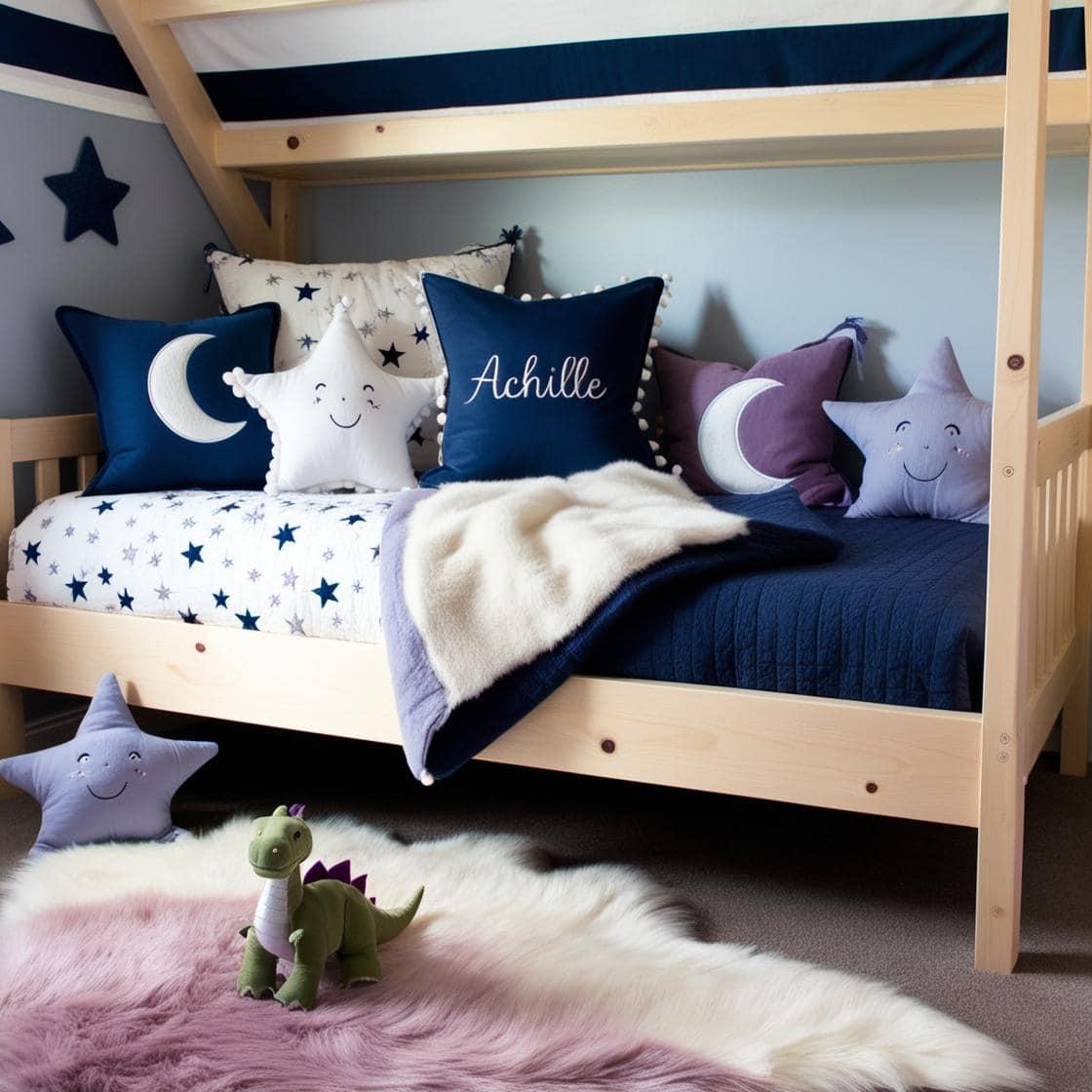 Une chambre de petit garcon avec un lit cabane un tapis de fourrure style scandinave coussins en forme d etoiles coussins en forme de lune achille ecrit en francais est brode sur u