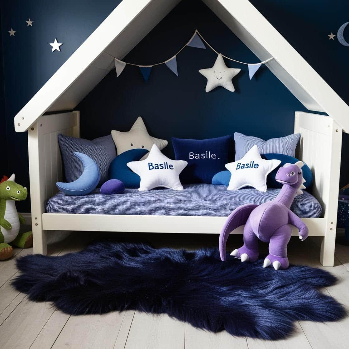 Une chambre de petit garcon avec un lit cabane un tapis de fourrure style scandinave coussins en forme d etoiles coussins en forme de lune basile est brode sur un coussin couleurs