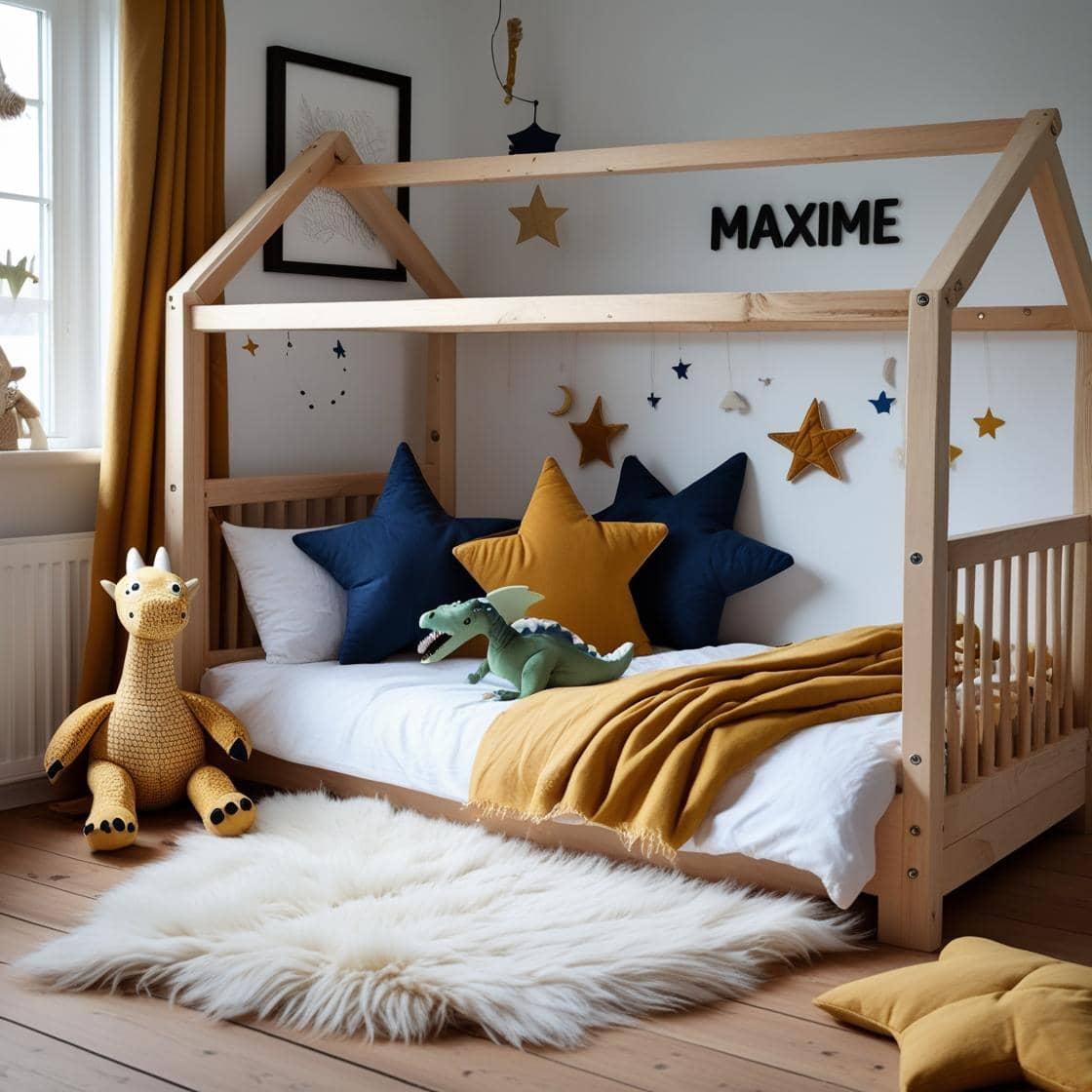 Une chambre de petit garcon avec un lit cabane un tapis de fourrure style scandinave coussins en forme d etoiles coussins en forme de lune couleurs bleu fonce blanc moutarde le pre