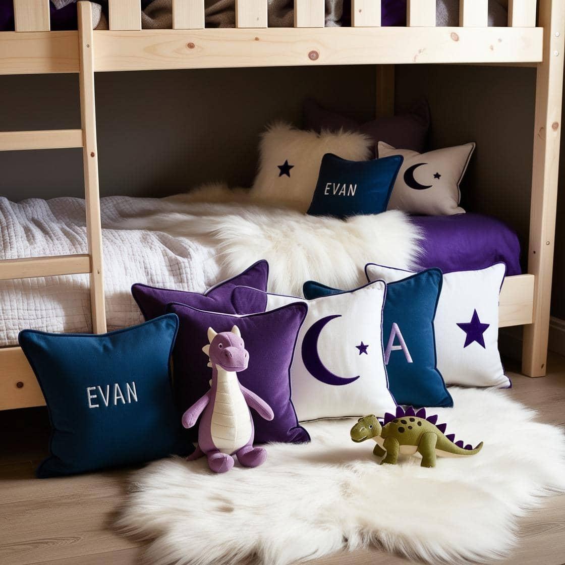 Une chambre de petit garcon avec un lit cabane un tapis de fourrure style scandinave coussins en forme d etoiles coussins en forme de lune evan est brode sur un coussin couleurs bl
