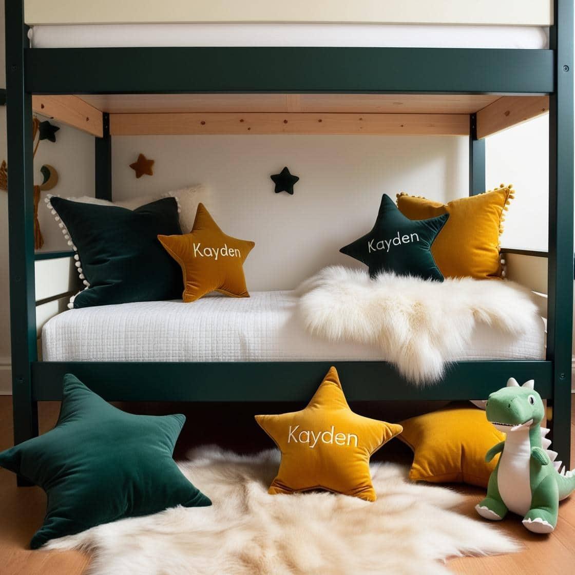 Une chambre de petit garcon avec un lit cabane un tapis de fourrure style scandinave coussins en forme d etoiles coussins en forme de lune kayden est brode sur un coussin couleurs