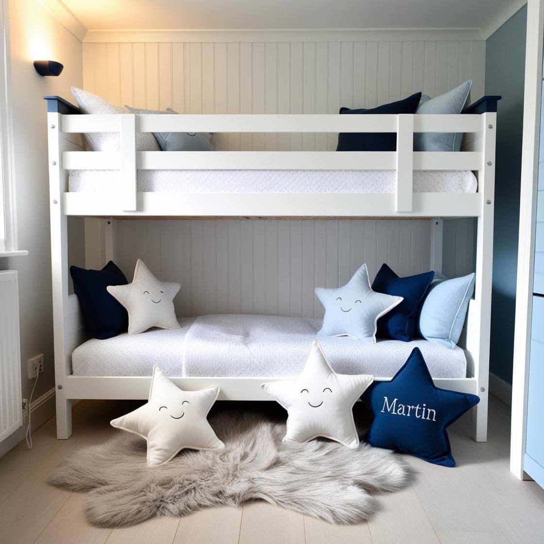 Une chambre de petit garcon avec un lit cabane un tapis de fourrure style scandinave coussins en forme d etoiles coussins en forme de lune le prenom martin est brode sur un seul co