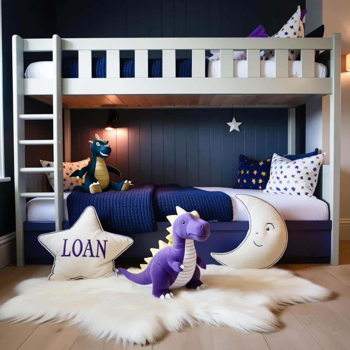 Une chambre de petit garcon avec un lit cabane un tapis de fourrure style scandinave coussins en forme d etoiles coussins en forme de lune loan est brode sur un coussin couleurs bl