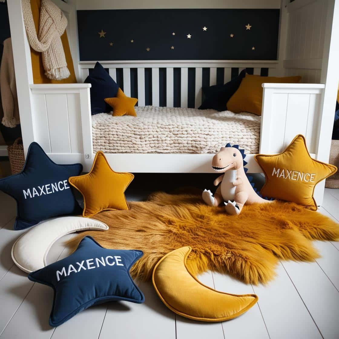 Une chambre de petit garcon avec un lit cabane un tapis de fourrure style scandinave coussins en forme d etoiles coussins en forme de lune maxence est brode sur un coussin couleurs