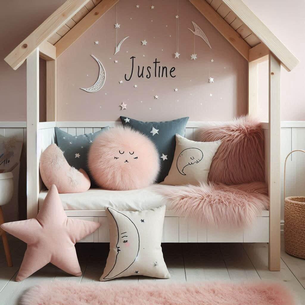 Une chambre de petit garcon qui se nomme justine avec un lit cabane un tapis de fourrure style scandinave des coussins en forme d etoiles et de lune avec justine brode sur un couss