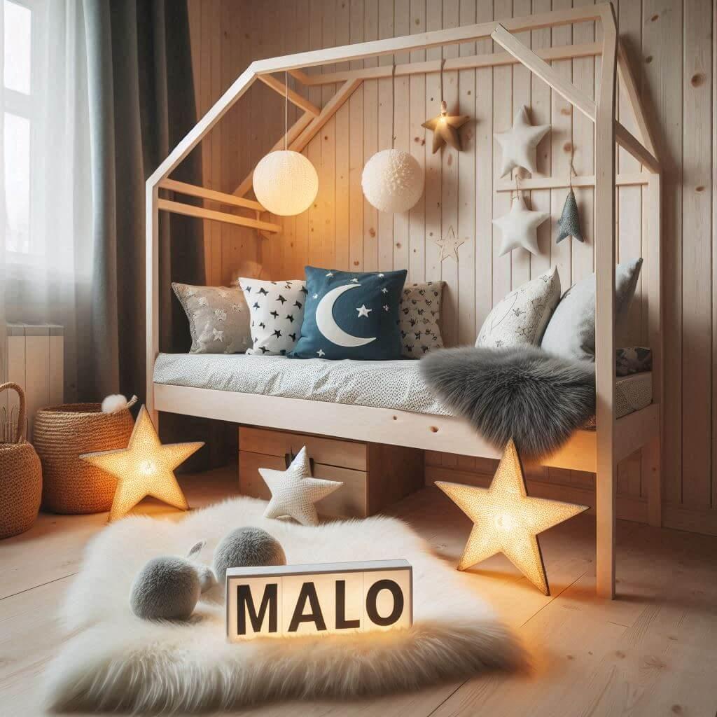 Une chambre de petit garcon qui se nomme malo avec un lit cabane un tapis de fourrure style scandinave prenom malo