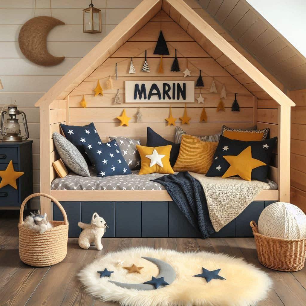 Une chambre de petit garcon qui se nomme marin avec un lit cabane un tapis de fourrure style scandinave coussins en forme d etoiles coussins en forme de lune