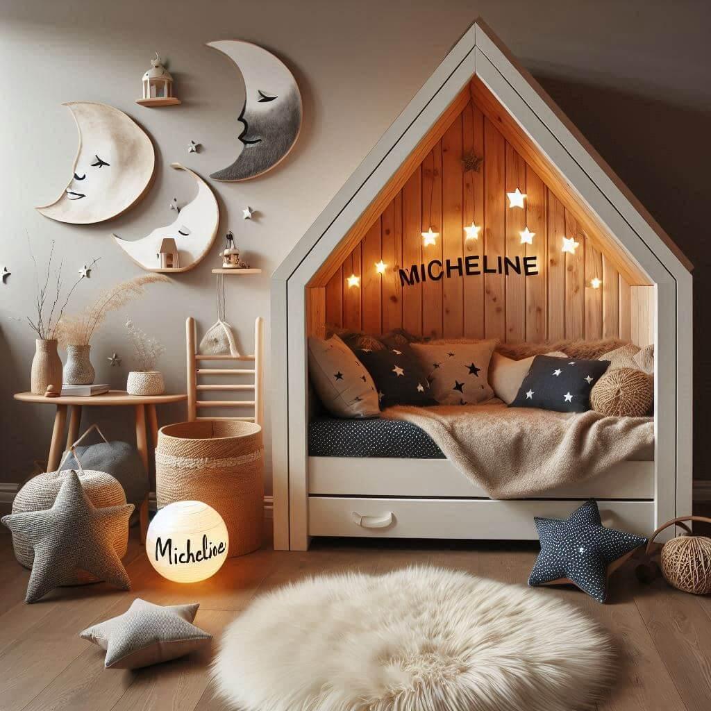 Une chambre de petit garcon qui se nomme micheline avec un lit cabane un tapis de fourure style scandinave coussins en forme detoiles coussins en forme de lune le prenom micheline