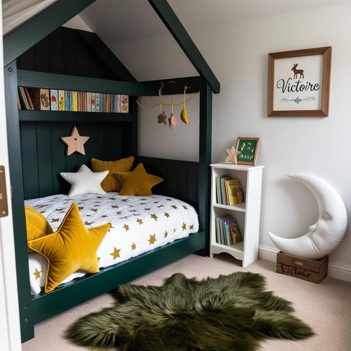 Une chambre de petite fille avec un lit cabane un tapis de fourrure style foret magique coussins en forme d etoiles coussins en forme de lune couleurs vert fonce blanc moutarde ave