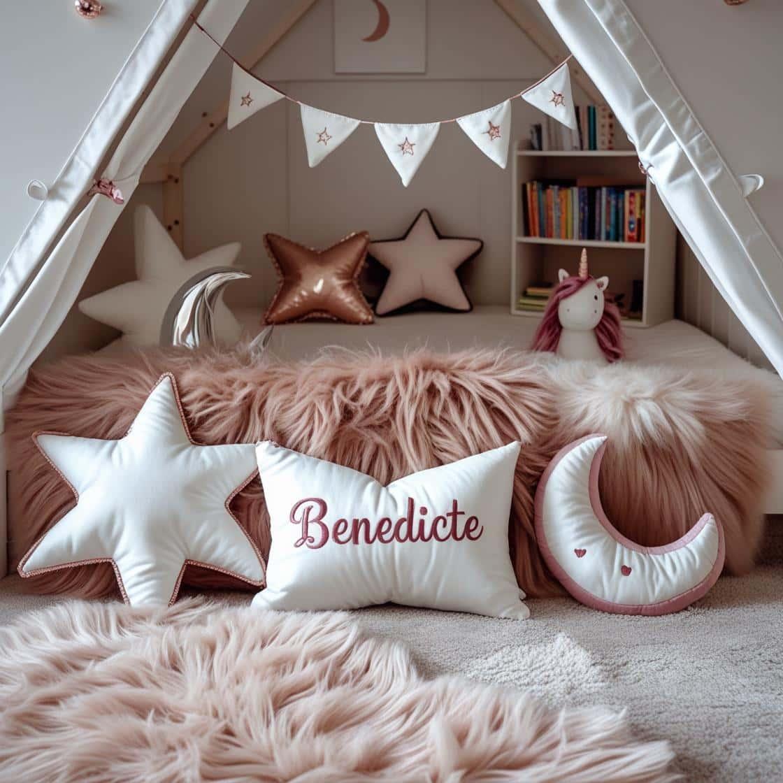 Une chambre de petite fille avec un lit cabane un tapis de fourrure style scandinave coussins en forme d etoiles coussins en forme de lune benedicte est brode sur un seul coussin c