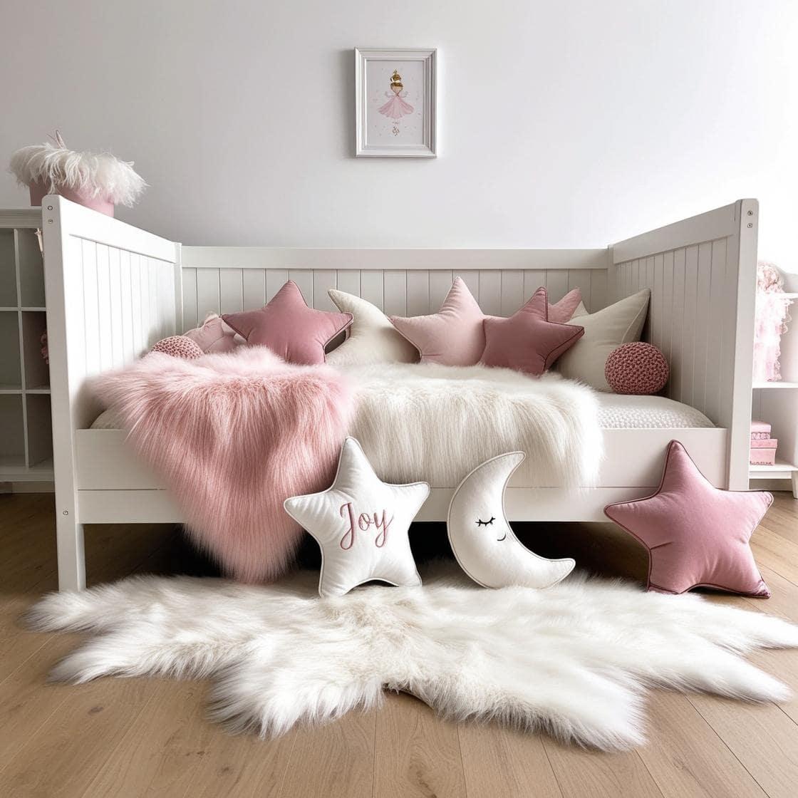 Une chambre de petite fille avec un lit cabane un tapis de fourrure style scandinave coussins en forme d etoiles coussins en forme de lune joy est brode sur un seul coussin couleur