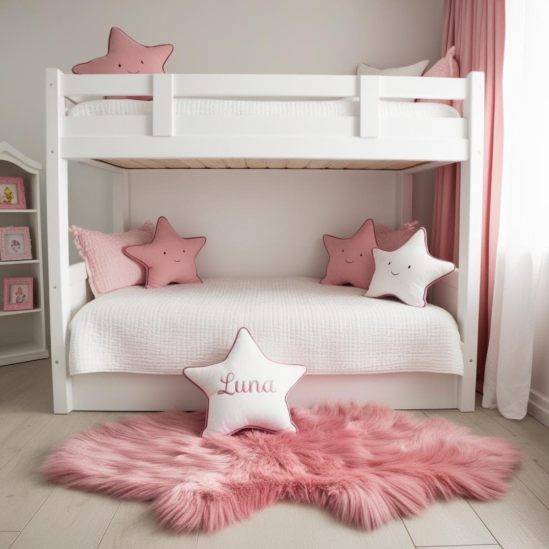 Une chambre de petite fille avec un lit cabane un tapis de fourrure style scandinave coussins en forme d etoiles coussins en forme de lune luna est brode sur un seul coussin couleu