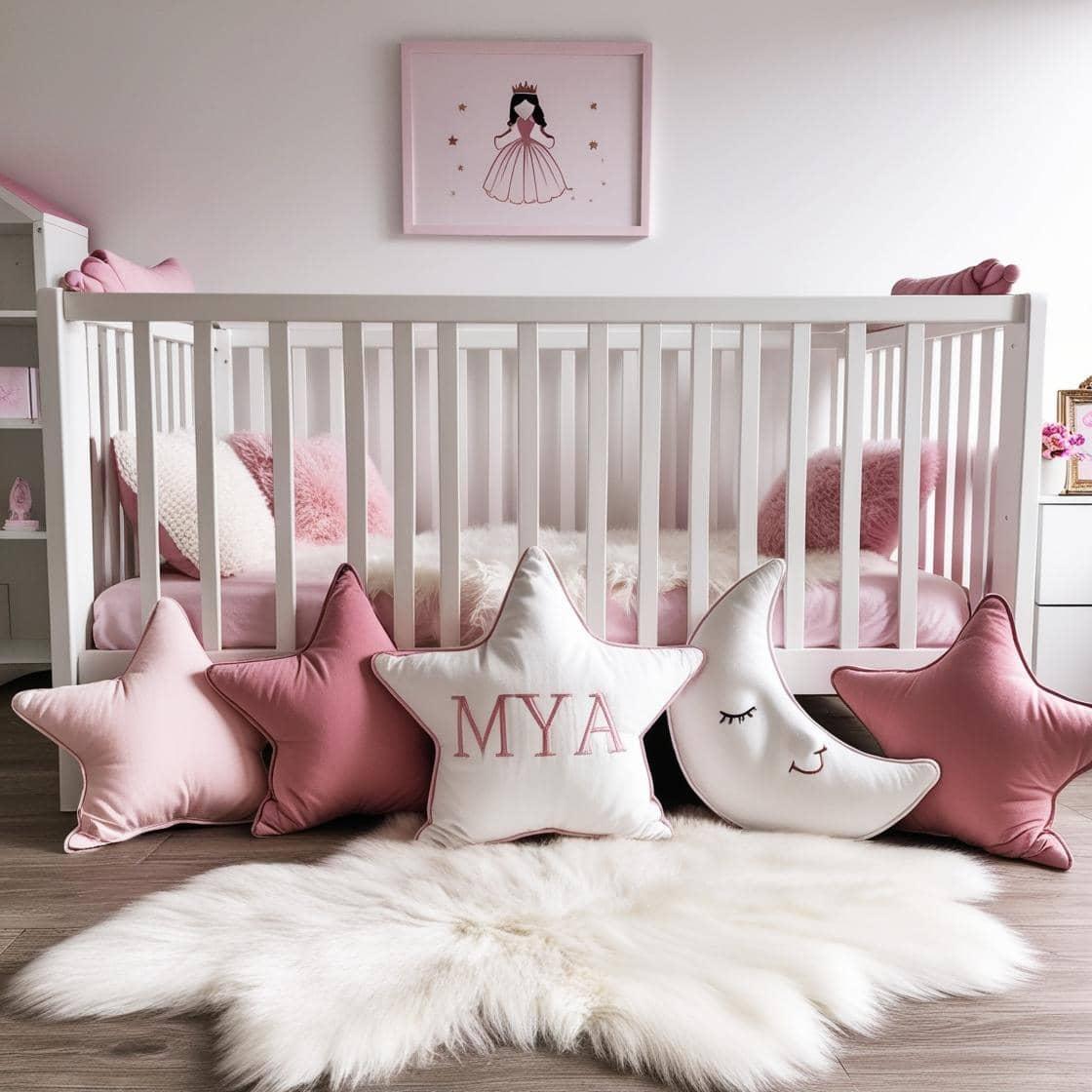 Une chambre de petite fille avec un lit cabane un tapis de fourrure style scandinave coussins en forme d etoiles coussins en forme de lune mya est brode sur un seul coussin couleur