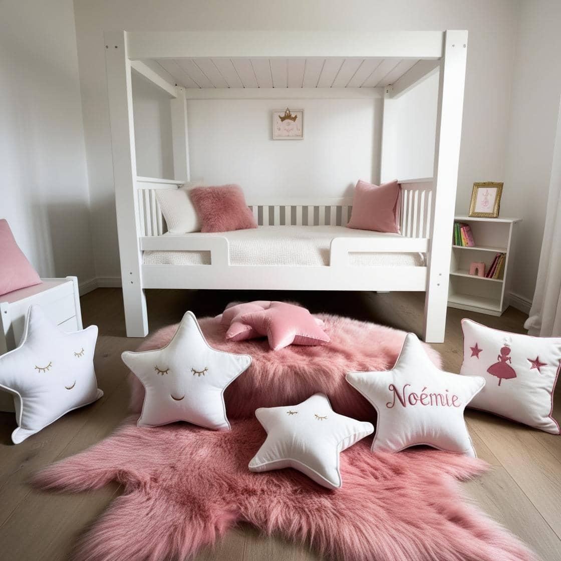 Une chambre de petite fille avec un lit cabane un tapis de fourrure style scandinave coussins en forme d etoiles coussins en forme de lune noemie est brode sur un seul coussin coul