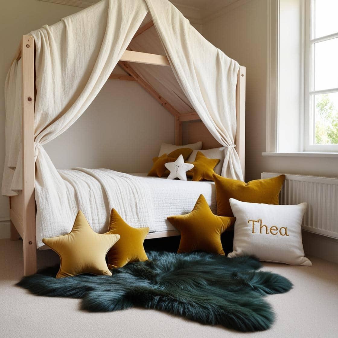 Une chambre de petite fille avec un lit cabane un tapis de fourrure style scandinave coussins en forme d etoiles coussins en forme de lune thea est brode sur un coussin couleurs ve