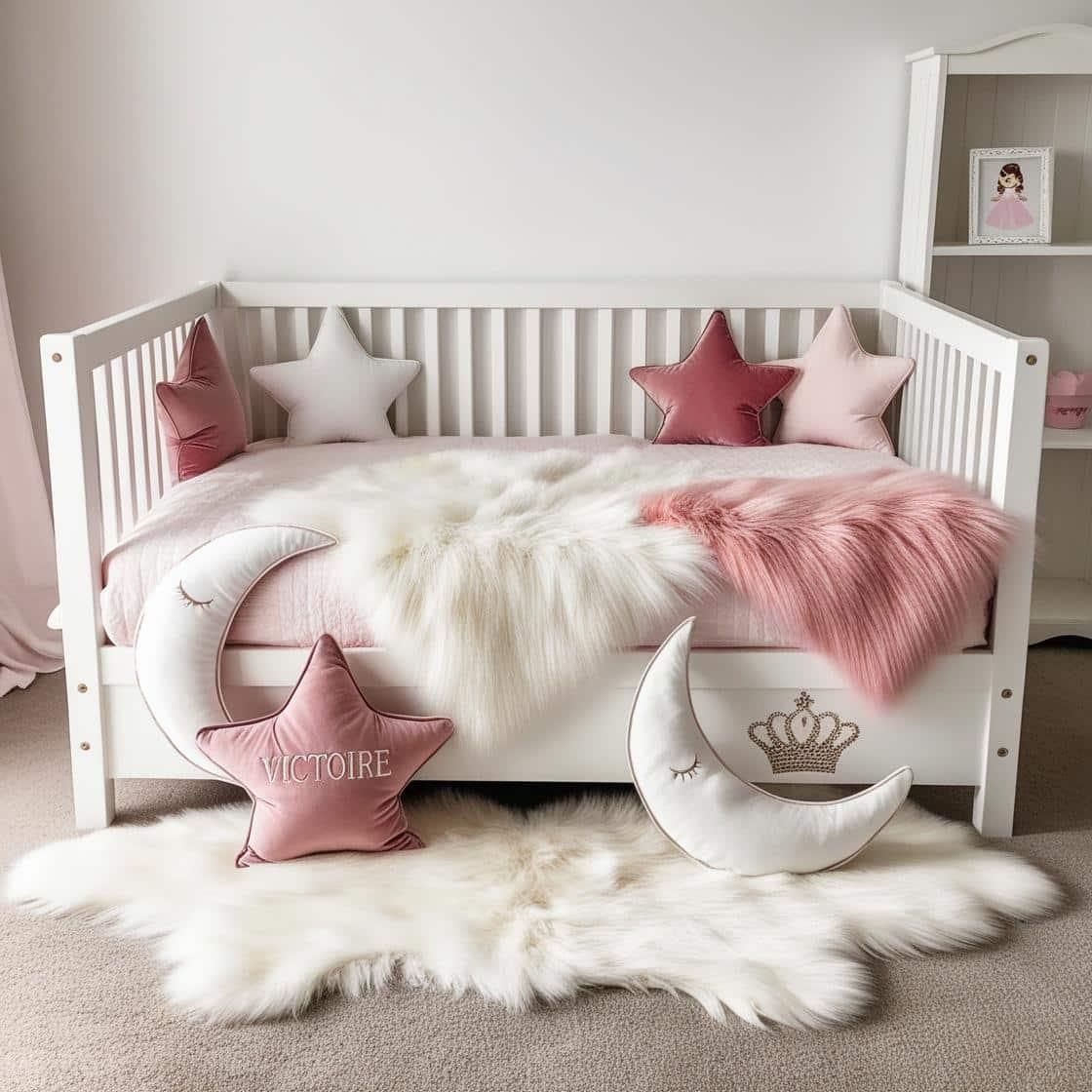 Une chambre de petite fille avec un lit cabane un tapis de fourrure style scandinave coussins en forme d etoiles coussins en forme de lune victoire est brode sur un seul coussin co