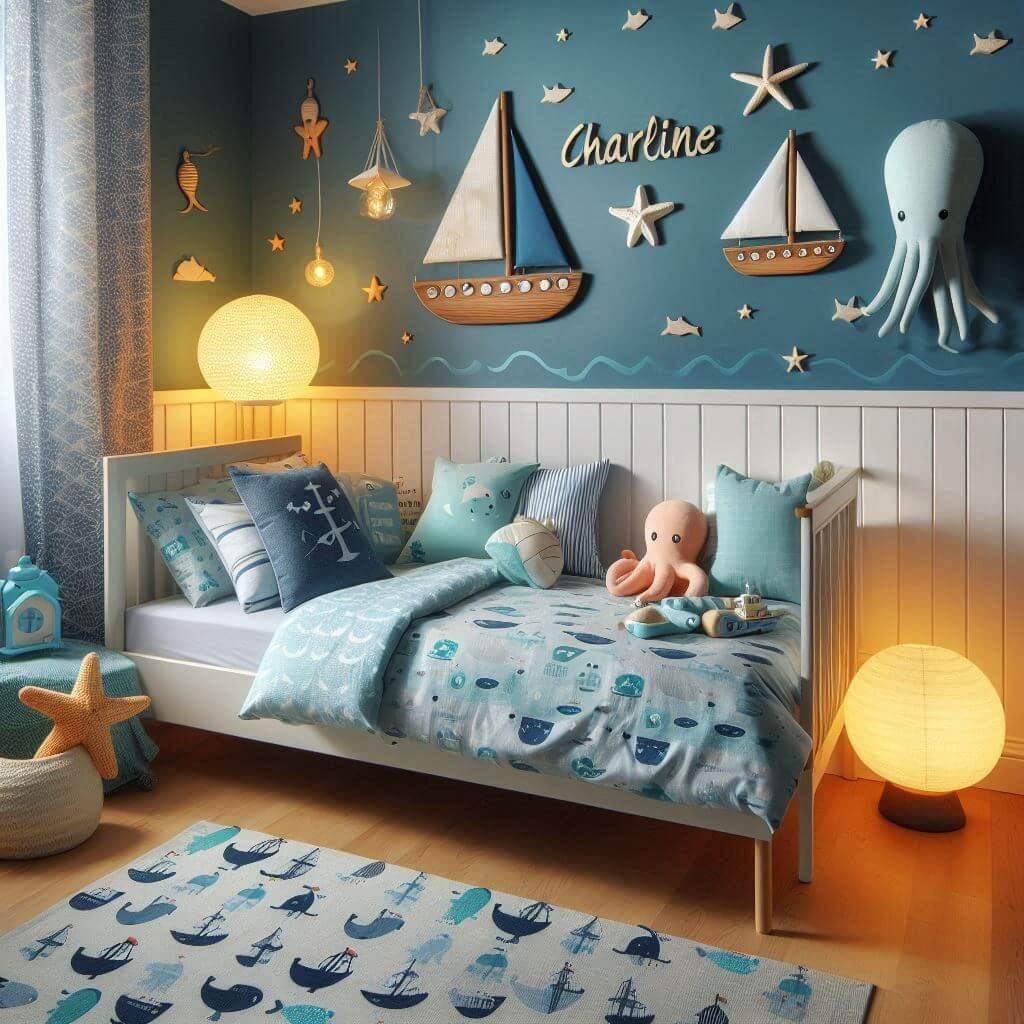 Une chambre de petite fille avec un lit simple des draps motifs marins des rideaux motif bateau une lampe etoile de mer allumee des peluches poulpe et baleine le prenom charline ec