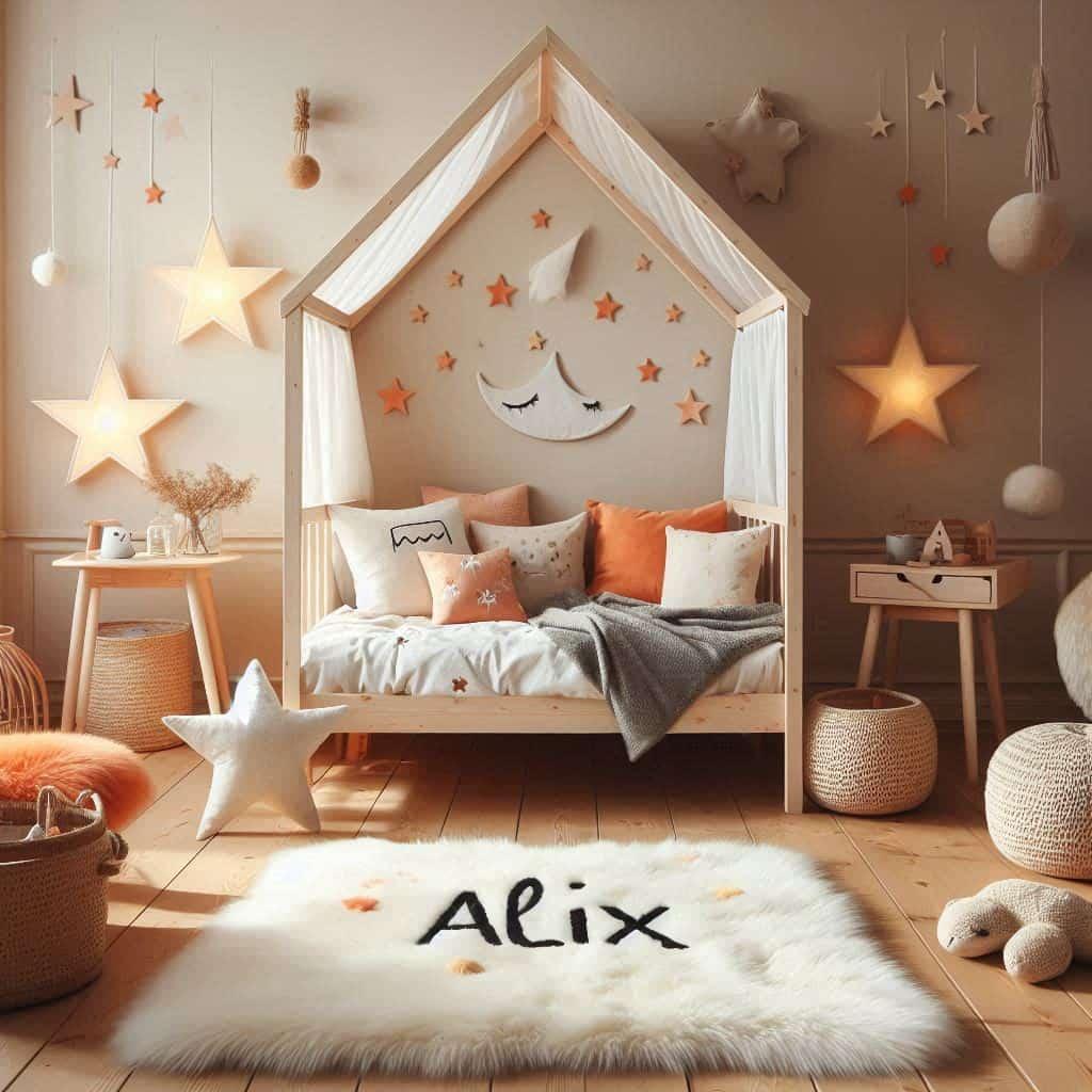 Une chambre de petite fille qui se nomme alix avec un lit cabane un tapis de fourure style scandinave coussins en forme detoiles coussins en forme de lune alix est brode sur un cou