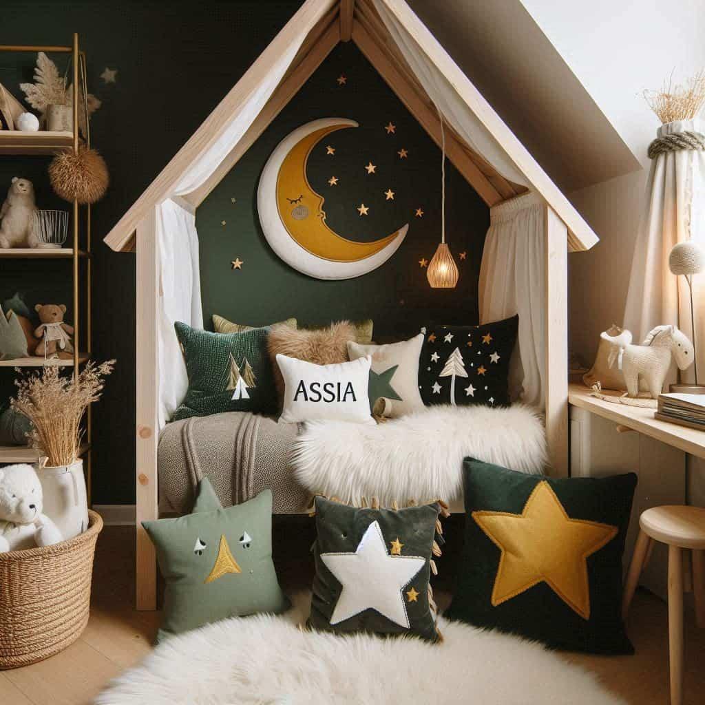 Une chambre de petite fille qui se nomme assia avec un cabane un tapis de fourrure style scandinave coussins en forme d etoiles coussins en forme de lune assia est brode sur un cou