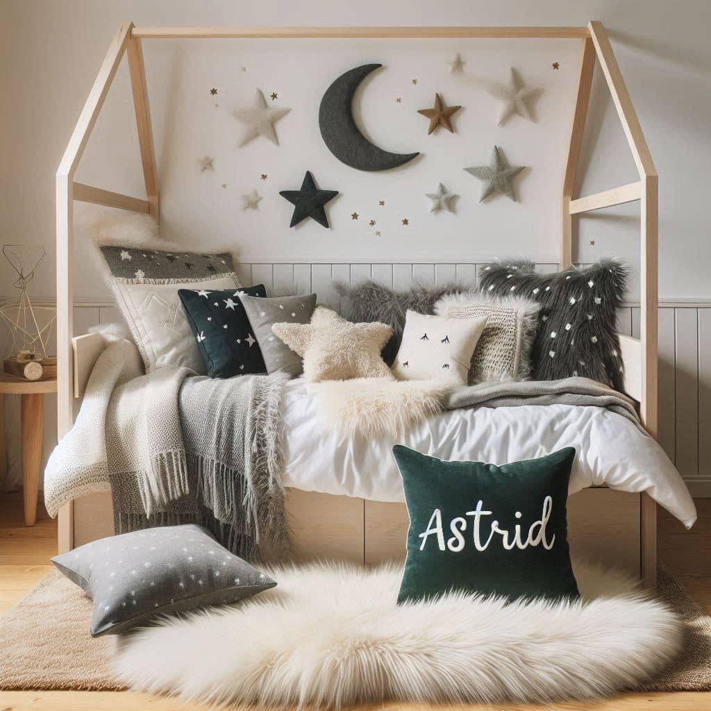 Une chambre de petite fille qui se nomme astrid avec un lit cabane un tapis de fourrure style scandinave coussins en forme d etoiles coussins en forme de lune