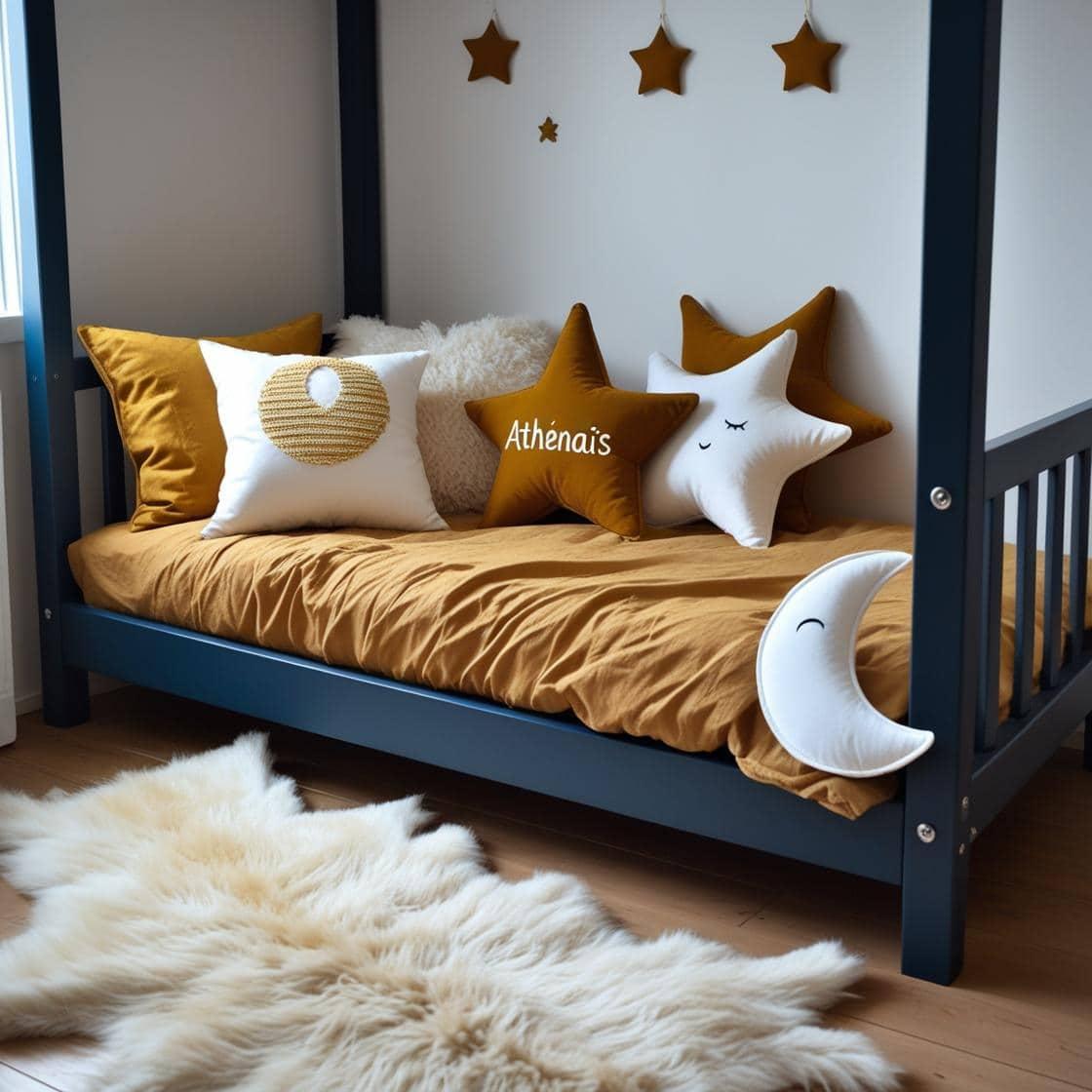Une chambre de petite fille qui se nomme athenais avec un lit cabane un tapis de fourrure style scandinave coussins en forme d etoiles coussins en forme de lune couleurs bleu fonce