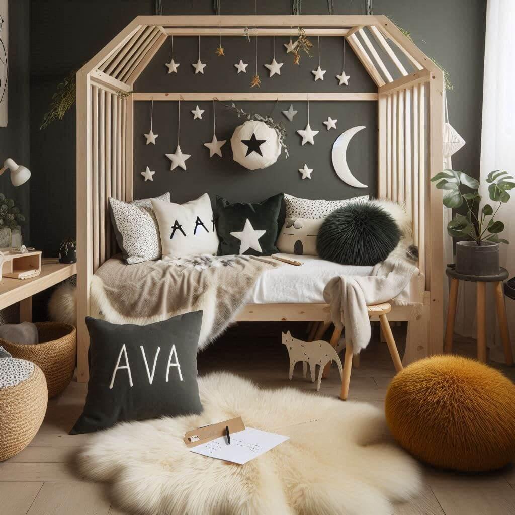 Une chambre de petite fille qui se nomme ava avec un lit cabane un tapis de fourrure style scandinave coussins en forme d etoiles coussins en forme de lune ava est brode sur un cou