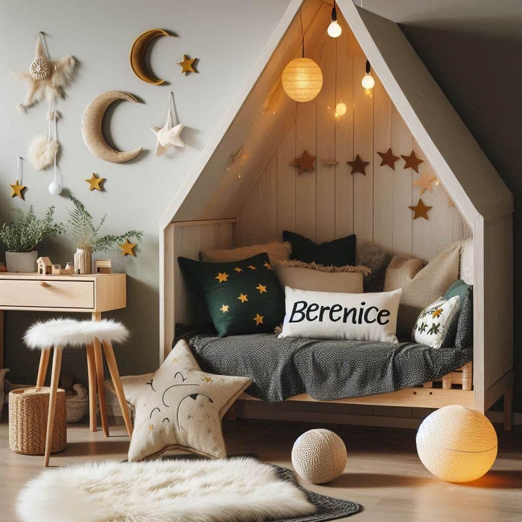 Une chambre de petite fille qui se nomme berenice avec un lit cabane un tapis de fourrure style scandinave coussins en forme d etoiles coussins en forme de lune berenice est brode