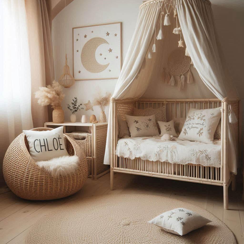 Une chambre de petite fille qui se nomme chloe avec un lit cabane en rotin un tapis en laine moelleuse style boheme chic une deco douce et naturelle des coussins en lin brode en fo